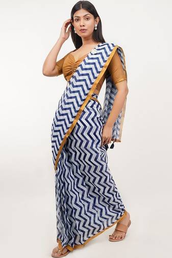 White pure linen printed saree with blouse