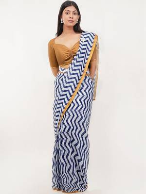 White pure linen printed saree with blouse 3