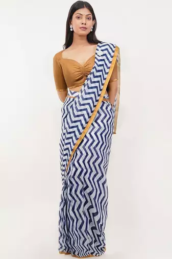 White pure linen printed saree with blouse
