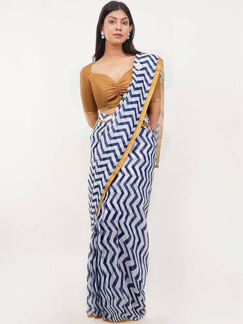 White pure linen printed saree with blouse