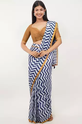 White pure linen printed saree with blouse