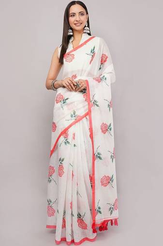 White pure linen printed saree with blouse