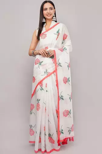 White pure linen printed saree with blouse