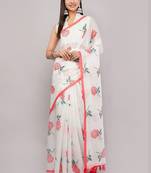 White pure linen printed saree with blouse