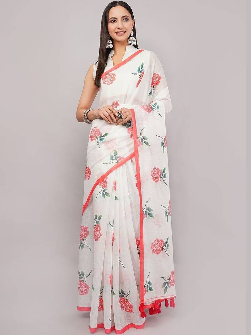 White pure linen printed saree with blouse