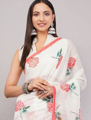 White pure linen printed saree with blouse 2