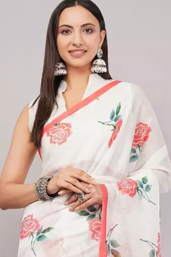 White pure linen printed saree with blouse