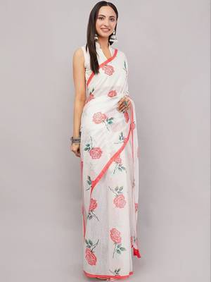 White pure linen printed saree with blouse 3