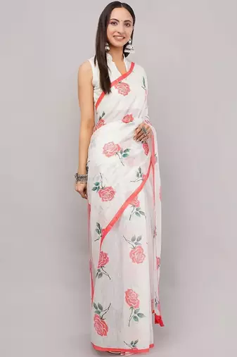 White pure linen printed saree with blouse