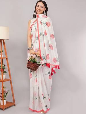 White pure linen printed saree with blouse 5
