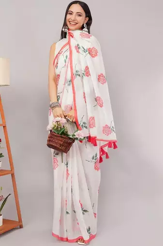 White pure linen printed saree with blouse