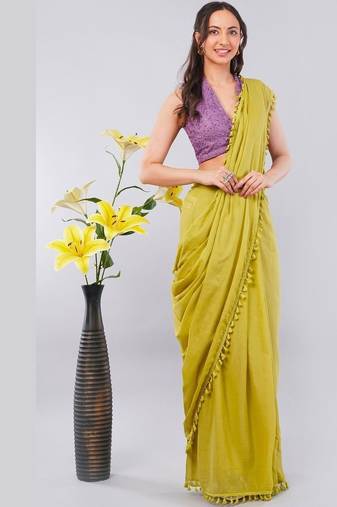Olive blended cotton solid saree with blouse