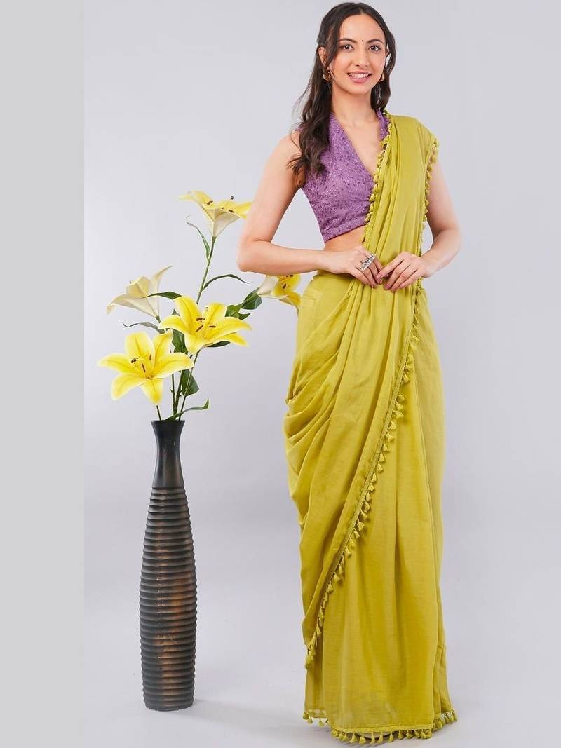 Olive blended cotton solid saree with blouse