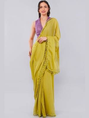 Olive blended cotton solid saree with blouse 2