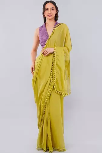 Olive blended cotton solid saree with blouse