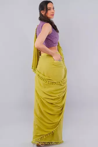 Olive blended cotton solid saree with blouse