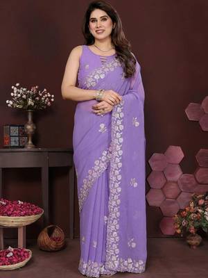 Lavender pure georgette embroidered saree with blouse 1
