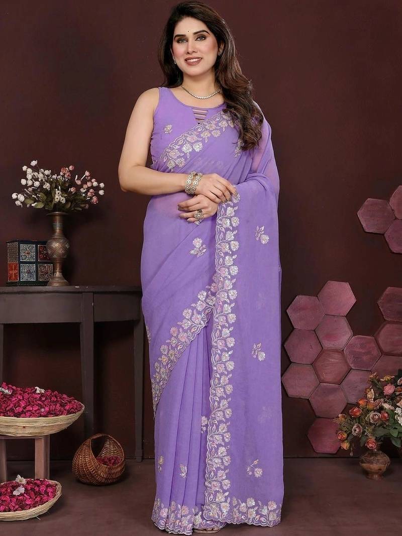 Lavender pure georgette embroidered saree with blouse