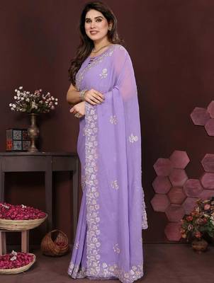 Lavender pure georgette embroidered saree with blouse 2