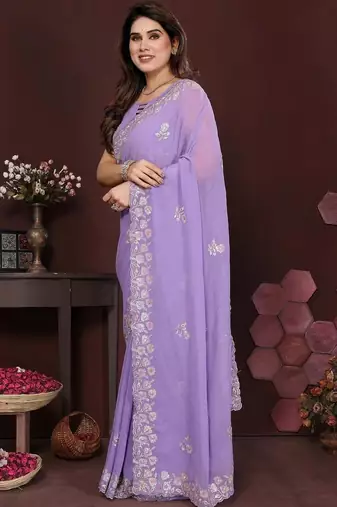 Lavender pure georgette embroidered saree with blouse