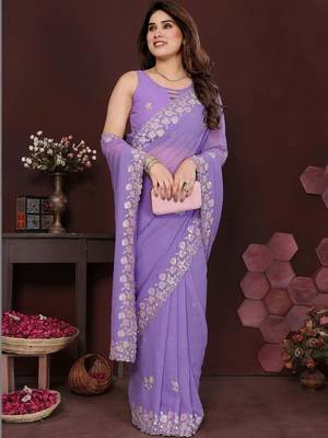 Lavender pure georgette embroidered saree with blouse 3