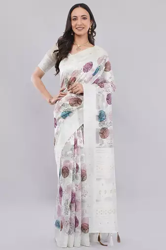 Off white silk blend printed saree with blouse