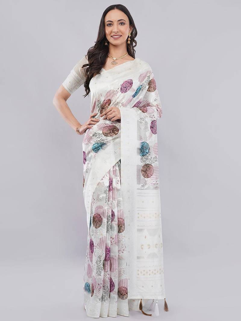 Off white silk blend printed saree with blouse