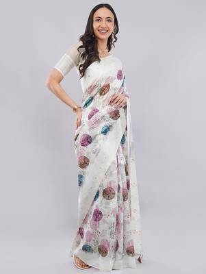 Off white silk blend printed saree with blouse 3