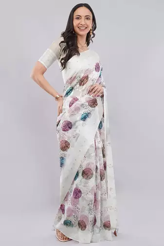 Off white silk blend printed saree with blouse