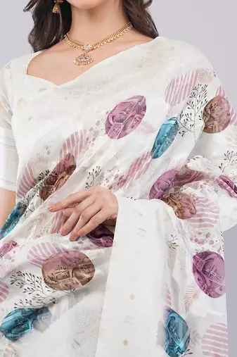 Off white silk blend printed saree with blouse