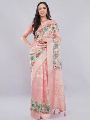 Peach silk blend woven design saree with blouse 1