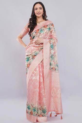 Peach silk blend woven design saree with blouse