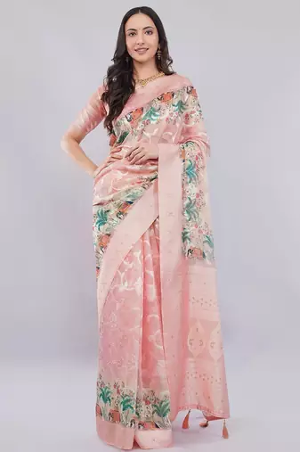 Peach silk blend woven design saree with blouse