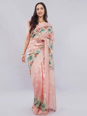 Peach silk blend woven design saree with blouse 2