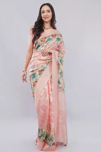 Peach silk blend woven design saree with blouse