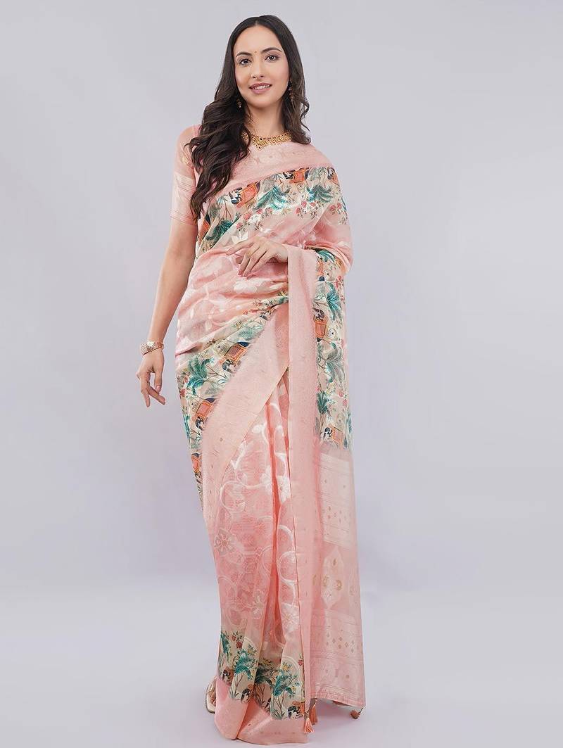 Peach silk blend woven design saree with blouse