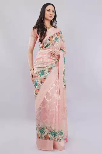 Peach silk blend woven design saree with blouse