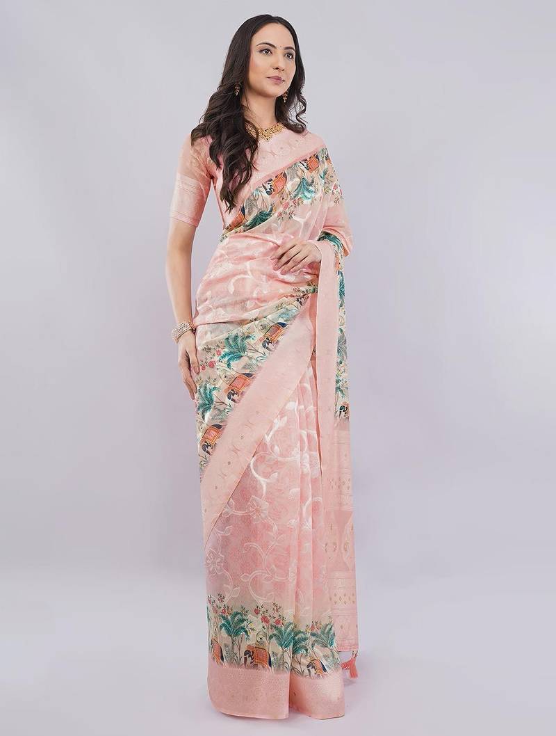Peach silk blend woven design saree with blouse