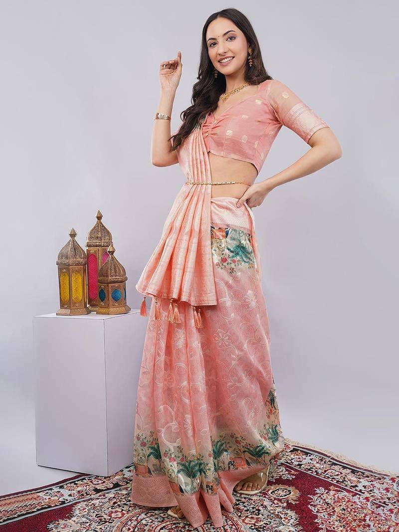 Peach silk blend woven design saree with blouse