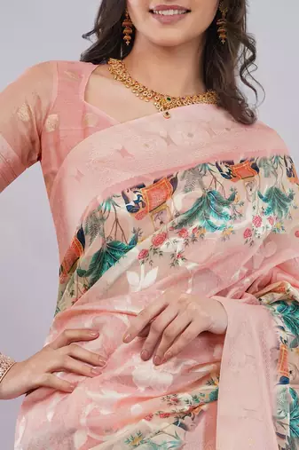 Peach silk blend woven design saree with blouse