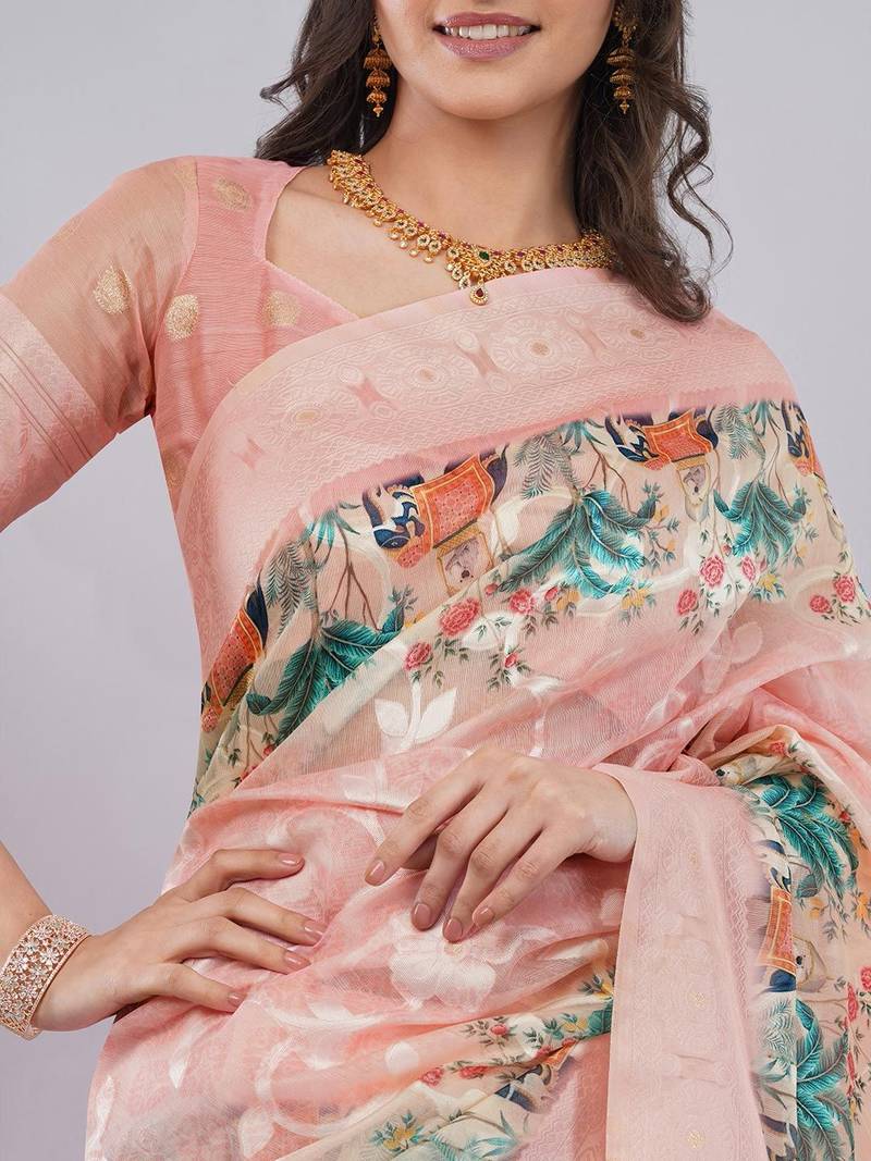 Peach silk blend woven design saree with blouse
