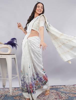 Off white silk blend printed saree with blouse 1