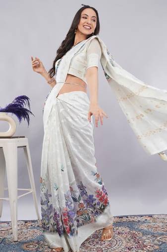 Off white silk blend printed saree with blouse