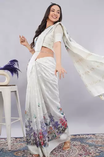 Off white silk blend printed saree with blouse