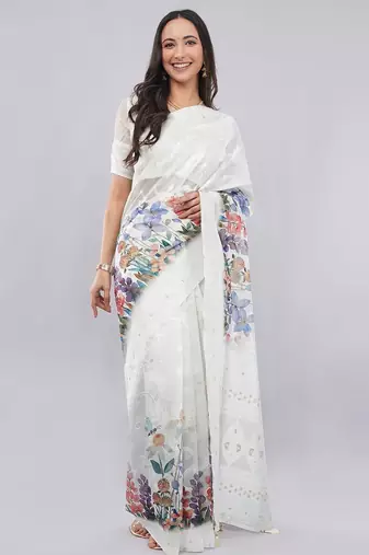 Off white silk blend printed saree with blouse