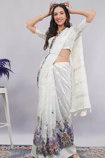 Off white silk blend printed saree with blouse