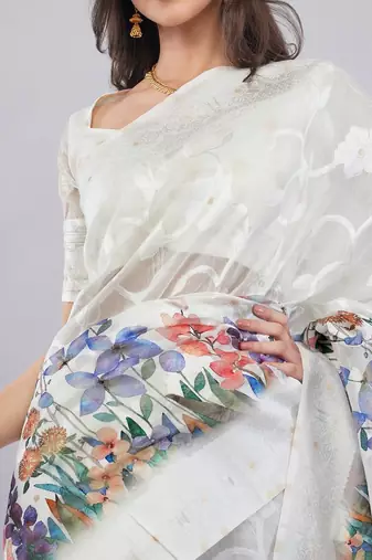 Off white silk blend printed saree with blouse