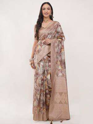 Beige silk blend printed saree with blouse 1