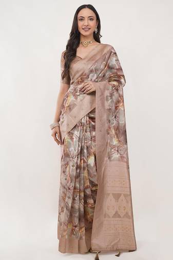 Beige silk blend printed saree with blouse