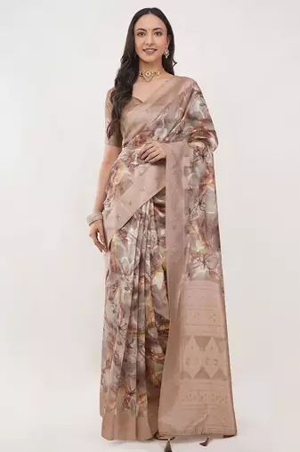 Beige silk blend printed saree with blouse
